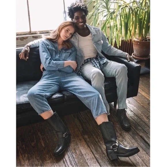 $495 Frye Harness Black Biker Square Toe Metallic Glitter Cowboy Boots - Picture 7 of 16